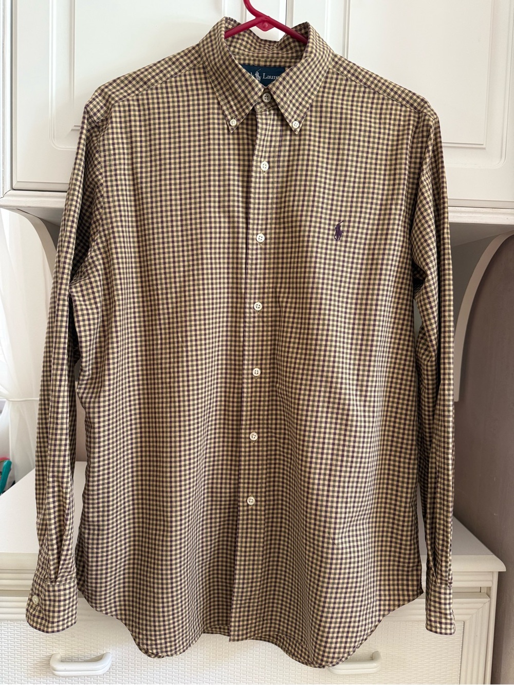 Ralph Lauren Classic Fit Gingham Check Shirt Purple Brown Mens M Vintage